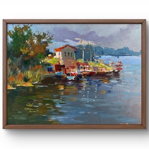Pintura al óleo paisaje original, pintura al óleo sobre cartón, muelle con barcos junto al río, rodeado de vegetación, arte hecho a mano, sin marco