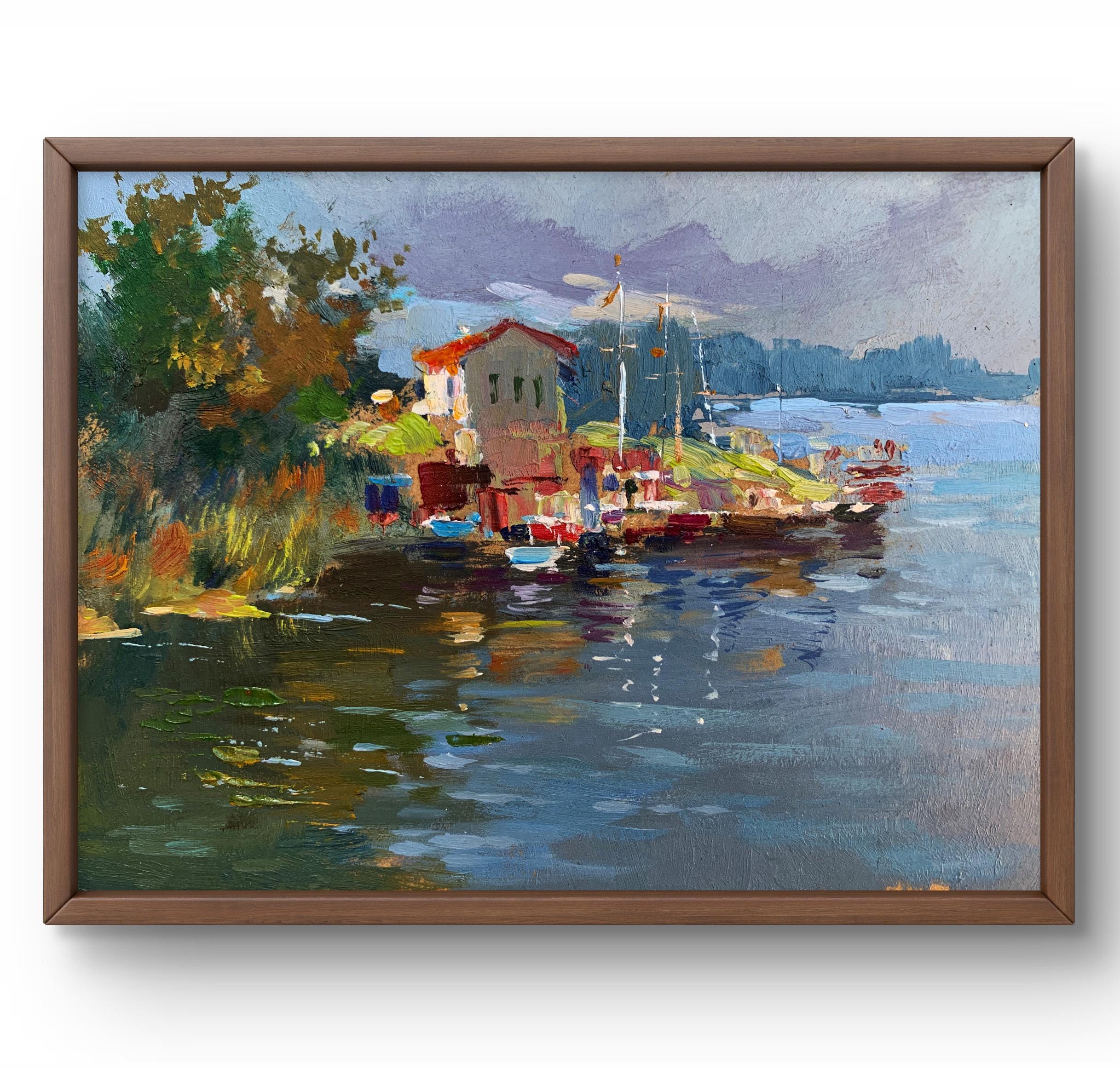 リバーサイドピアの油絵：段ボールに描かれたオリジナルの風景画