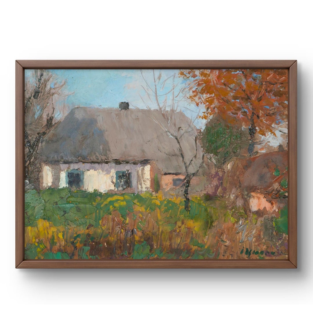 油絵風景オリジナル、段ボールの油絵、秋に囲まれた魅力的な田舎の家