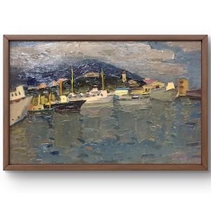 Pintura al óleo original de paisaje, pintura al óleo sobre cartón, puerto concurrido con barcos reflejados en el agua, arte hecho a mano, sin marco, arte de pared