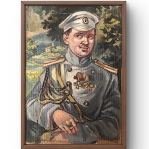 Retrato de pintura a óleo original, pintura em papelão, retrato de oficial, arte artesanal, natureza, sem moldura, retrato de homem, arte de parede