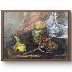 Pintura a óleo natureza morta original, pintura em papelão, natureza morta de comida, arte artesanal, interior, sem moldura, natureza morta de maçã, arte de parede