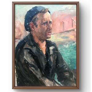 Retrato pintado al óleo original, pintura sobre cartón, retrato de hombre, arte hecho a mano, interior, sin marco, retrato de hombre triste, arte de pared