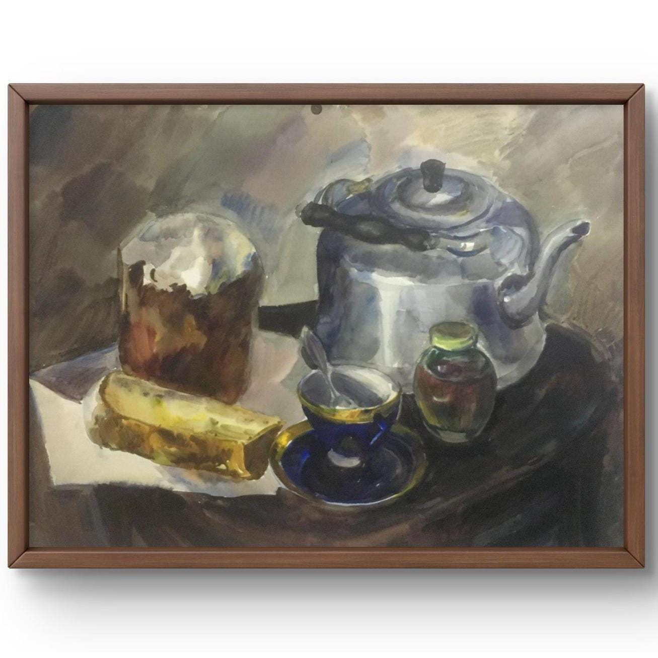 水彩画の静物画、段ボールの絵画、ケトルの静物画、手作りアート
