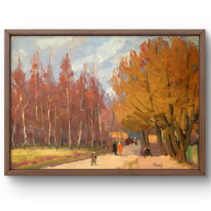 Pintura a óleo paisagem original, pintura a óleo sobre papelão, parque de outono com árvores douradas e caminho movimentado, arte feita à mão, sem moldura, arte de parede