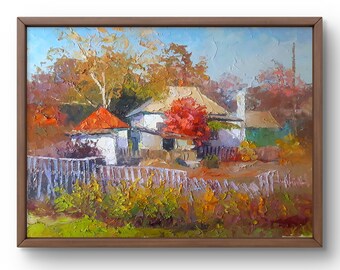 Oil painting landscape original oil painting rural cozy house surrounded by bright autumn trees landscape handmade art unframed landscape