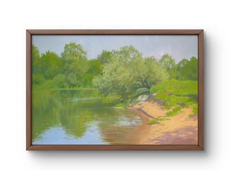 森の小川の油絵 川の風景 リネンキャンバス 16x20インチ - Etsy 日本