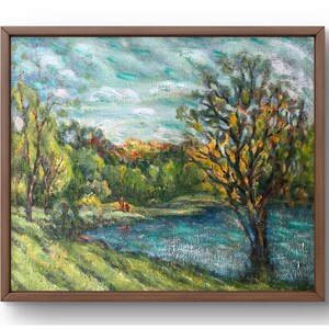 Oil painting landscape original oil painting on canvas summer river blue landscape handmade art nature unframed green forest wall art