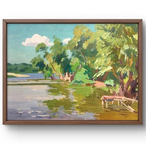 Dipinto a guazzo paesaggio originale, dipinto su carta, paesaggio fluviale, arte fatta a mano, natura, senza cornice, paesaggio di alberi, arte murale