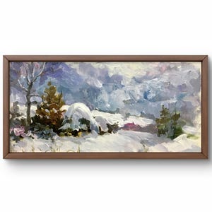 Pintura a óleo paisagem original, pintura em papelão, paisagem de inverno, arte artesanal, natureza, sem moldura, paisagem de árvores, arte de parede