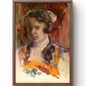 Pintura em aquarela retrato original, pintura em papelão, retrato de mulher, arte artesanal, interior, sem moldura, retrato de mulher, arte de parede