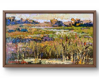 Oil painting landscape original, painting on canvas, river landscape, handmade art, nature, unframed, autumn scenery, wall art
