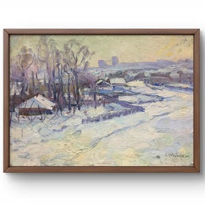 Pintura a óleo paisagem original, pintura a óleo sobre papelão, paisagem rural de inverno com casas cercadas por neve, arte feita à mão, sem moldura