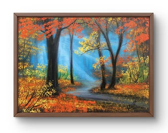 Oil painting landscape original, oil painting on canvas, autumn forest with a path going into the distance, handmade art, unframed, wall art
