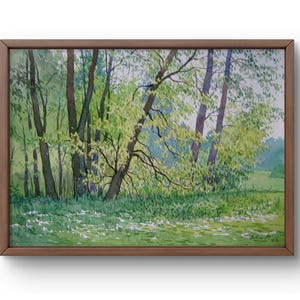 Watercolor painting landscape original, watercolor painting on paper, spring forest with bright green trees, handmade art, unframed