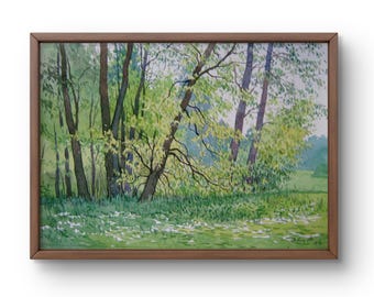 春の森の風景画、森の中の木々と白いアネモネのオリジナル水彩画