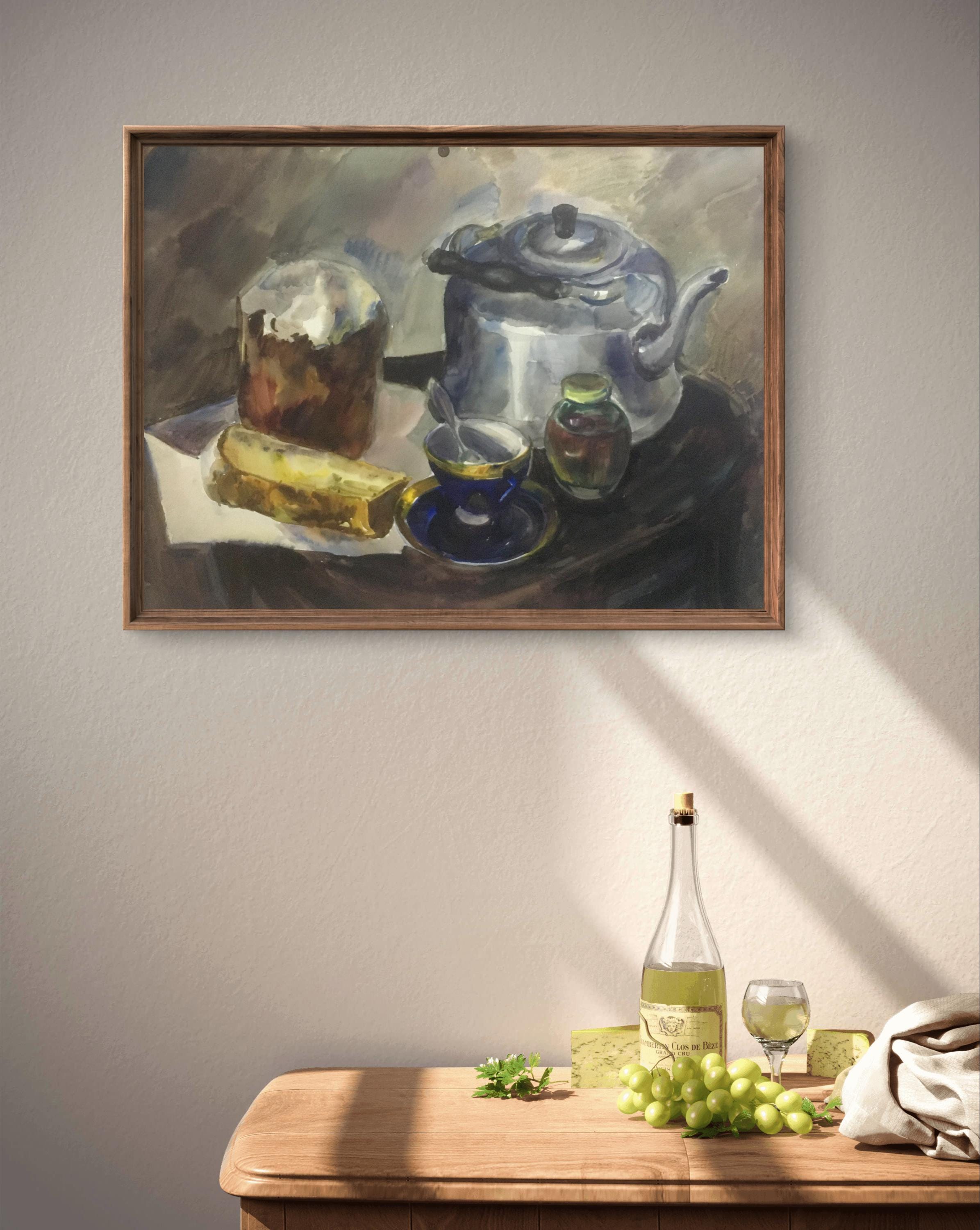 水彩画の静物画、段ボールの絵画、ケトルの静物画、手作りアート
