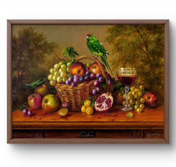 オリジナル油絵静物画：果物、ワイン、緑の鳥 - Etsy 日本