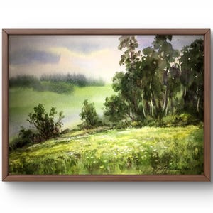 Pintura de acuarela paisaje original, pintura sobre cartón, paisaje de verano, arte hecho a mano, naturaleza, sin marco, paisaje de árboles, arte de pared