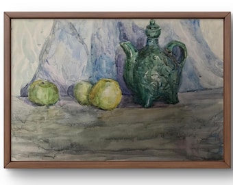 Watercolor painting still life original, painting on paper, food still life, handmade art, interior, unframed teapod still life, wall art
