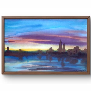 Dipinto ad acquerello paesaggio originale, dipinto su carta, paesaggio fluviale, arte fatta a mano, natura, senza cornice, paesaggio serale, arte murale
