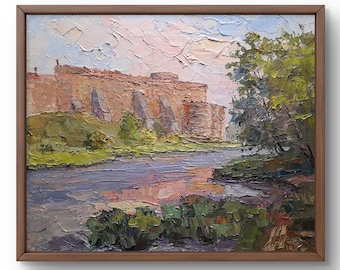 Oil painting landscape original, oil painting, ancient fortress against the background of a pastel sky, handmade art, unframed, wall art