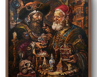 Oryginalny portret olejny, malarstwo olejne, żywy portret dwóch postaci otoczonych skarbami, ręcznie robione dzieło sztuki, bez ramy, sztuka ścienna