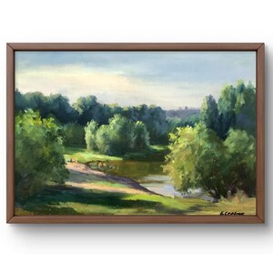 Pintura a óleo paisagem original, pintura em papelão, paisagem de lagoa, arte artesanal, natureza, sem moldura, paisagem de verão, arte de parede