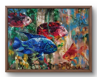 Ölgemälde Porträt original, Ölgemälde, detaillierter Fisch unter einer bunten Unterwasserszene, handgemachte Kunst, ungerahmt, Wandkunst