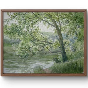 Origineel landschapswaterverfschilderij, aquarel op papier, rustige rivieroever met dicht groen van bomen, handgemaakte kunst, niet ingelijst