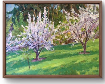 Oljemålning landskap original, oljemålning, blommande träd i en frodig grön trädgård under dagen, handgjord konst, oramad, väggkonst
