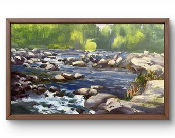 Pintura al óleo de paisaje original, pintura sobre lienzo, paisaje de río, arte hecho a mano, naturaleza, sin marco, paisaje de verano, arte de pared