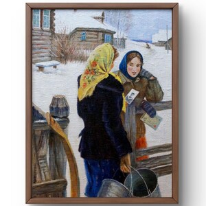 Retrato de pintura a óleo original, pintura a óleo sobre papelão, cena rural de inverno de mulheres contra o pano de fundo de casas, arte feita à mão, emoldurada