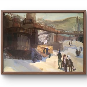 Pintura de acuarela paisaje original, pintura de acuarela sobre cartón, escena industrial con trabajadores, arte hecho a mano, sin marco, arte de pared