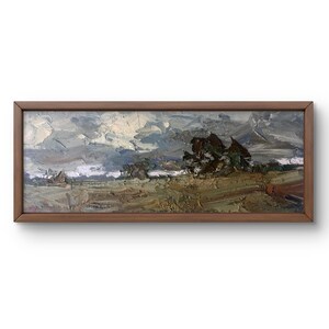Pintura al óleo paisaje original, pintura sobre cartón, paisaje de campo, arte hecho a mano, naturaleza, paisaje de tormenta sin marco, arte de pared