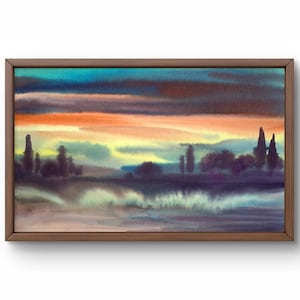 Dipinto ad acquerello paesaggio originale, dipinto su carta, paesaggio serale, arte fatta a mano, natura, senza cornice, scena romantica, arte murale