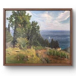 Pintura a óleo paisagem pintura a óleo original em papelão vista costeira com veleiro no horizonte paisagem arte artesanal sem moldura paisagem