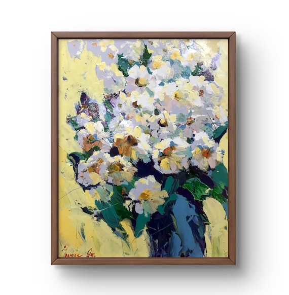 油絵の静物画オリジナルの油絵、白と黄色の花の活気のある花束と
