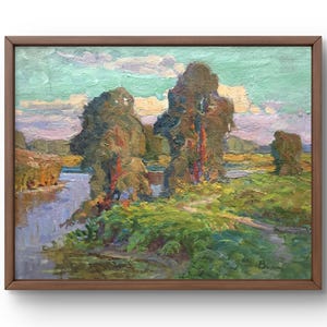 Pintura a óleo paisagem original, pintura a óleo sobre papelão, paisagem calma de rio com árvores densas, margens verdes, arte feita à mão, sem moldura