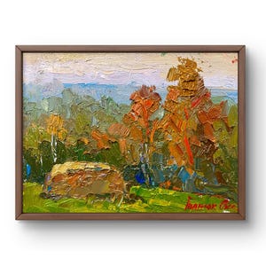 Oil painting landscape original, oil painting on canvas, autumn orange forest landscape, handmade art, nature unframed, gray cloudy wall art
