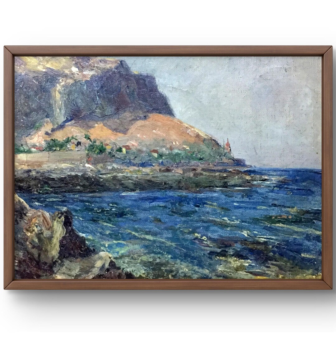油絵風景画オリジナル、キャンバスに油絵、険しい岩のある海岸の風景