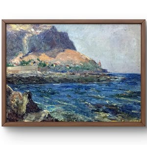 Oil painting landscape original, oil painting on canvas, coastal scene with rugged rocks, calm sea, handmade art, framed, wall art