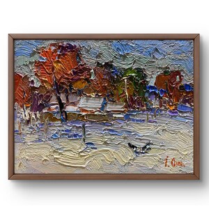 Pintura al óleo paisaje original, pintura al óleo sobre cartón, paisaje de bosque marrón invernal, arte hecho a mano, naturaleza, sin marco, gris nublado