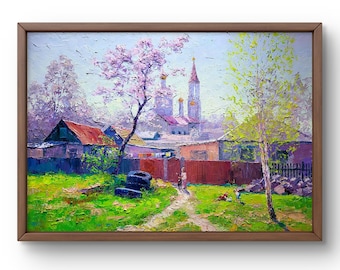 Oil painting landscape original oil painting on canvas bright spring scene in the countryside landscape handmade art unframed landscape
