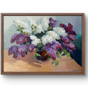 Oil painting still life original oil painting on canvas white, purple flowers handmade art nature unframed brown table still life wall art