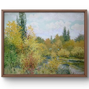 Watercolor painting landscape original, watercolor painting on paper, landscape with river and trees in autumn colors, handmade art