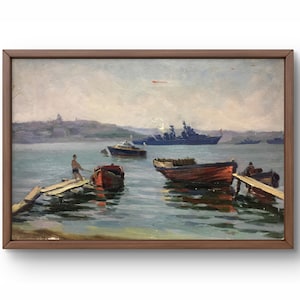 Pintura al óleo paisaje original, pintura al óleo sobre cartón, barcos y naves amarradas en un muelle de madera, arte hecho a mano, sin marco, arte de pared