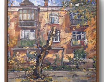 Oil painting landscape original, oil painting on canvas, sunny autumn day with rustic tree and house, handmade art, unframed, wall art