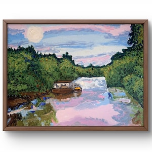 Oil painting landscape original, painting on canvas, river landscape, handmade art, nature, unframed, forest landscape, wall art
