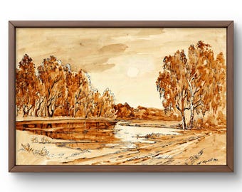 Gouache painting landscape original, painting on cardboard, forest landscape, handmade art, nature, unframed, autumn scenery, wall art